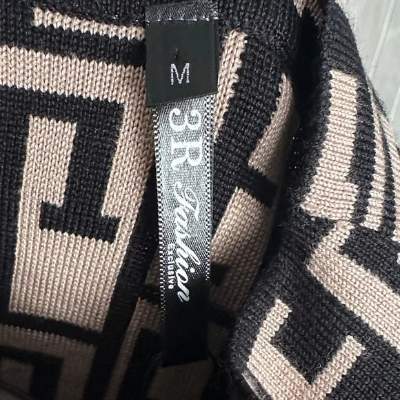 Geometric Mock Neck Long Sleeve Dress - Black & Cream - Picture 6 of 8